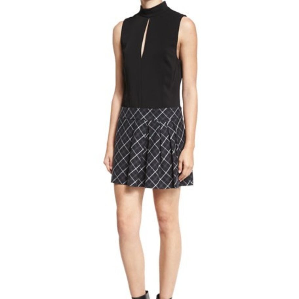Rachel Zoe Black Naya Plaid Pleated Skirt Mock Neck Drop Waist Dress Mini 4